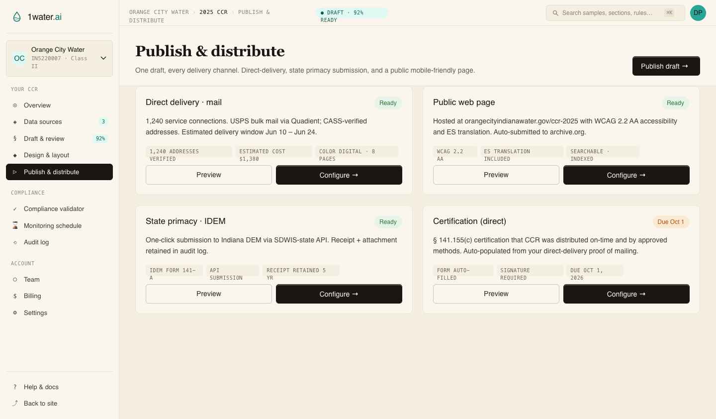 1water.ai CCR agent drafting a section in real time with streaming evidence
